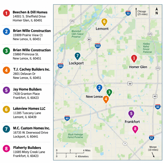 2026 SSHBA Tour of Homes map showing eight home locations in Chicago's southwest suburbs